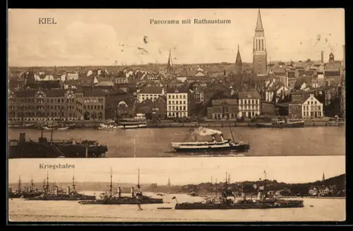 AK Kiel, Panorama mit Rathausturm, Kriegshafen