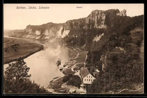 AK Rathen /Sächs. Schweiz, Bastei, Elbe mit Dampfer