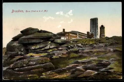 AK Brocken /Harz, Felsen, Gebäude und Aussichtsturm