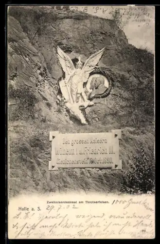AK Halle a. S., Zweikaiserdenkmal am Trothaerfelsen