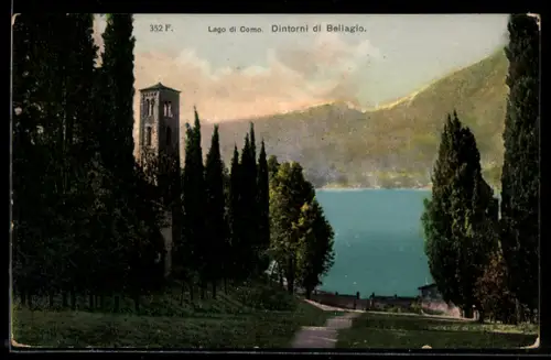 AK Bellagio /Lago di Como, Vista sul lago con cipressi e torre