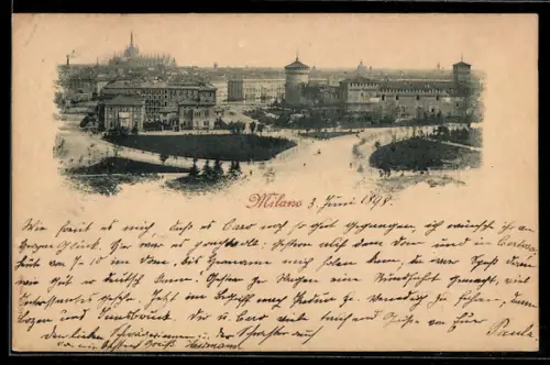 AK Milano, Vista panoramica del Castello Sforzesco e del Duomo