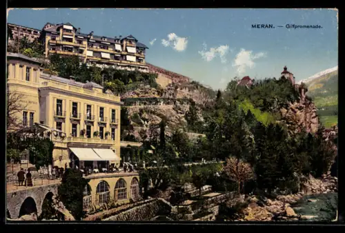 AK Merano, Gilfpromenade mit Blick auf die Berge und Flusslandschaft