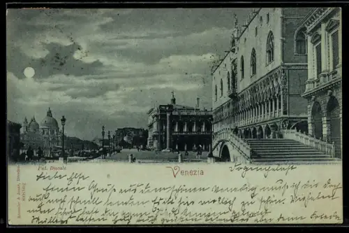 Mondschein-AK Venezia, Palazzo Ducale e vista notturna del Canal Grande