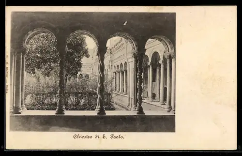 AK Roma, Vista del chiostro di S. Paolo con colonne intrecciate e giardino