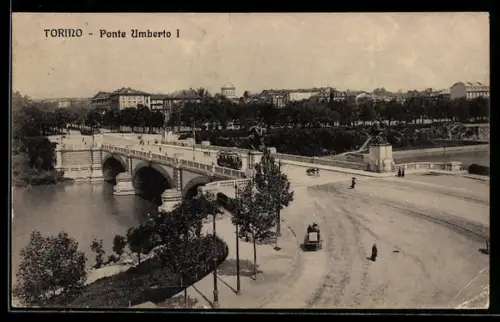 AK Torino, Ponte Umberto I con tram e carrozze