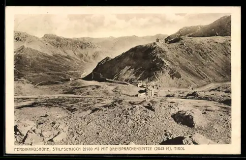 AK Ferdinandshöhe, Tirol, Passo dello Stelvio con Dreisprachenspitze e paesaggio montano