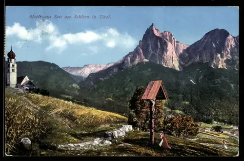 AK Seis am Schlern, Landschaftsansicht mit Kirche und Bergpanorama in Tirol