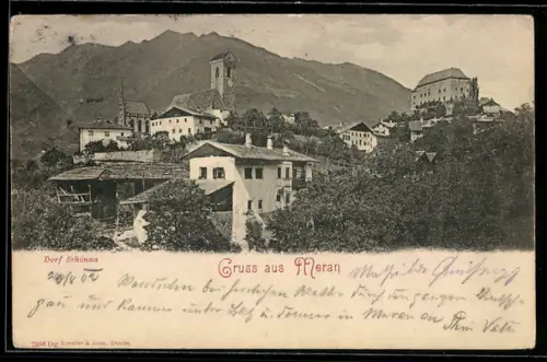 AK Merano, Vista del villaggio e chiesa di Scena con montagne sullo sfondo
