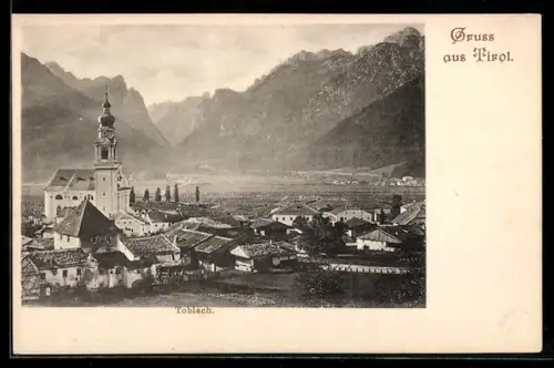 AK Toblach, Vista panoramica con chiesa e montagne sullo sfondo