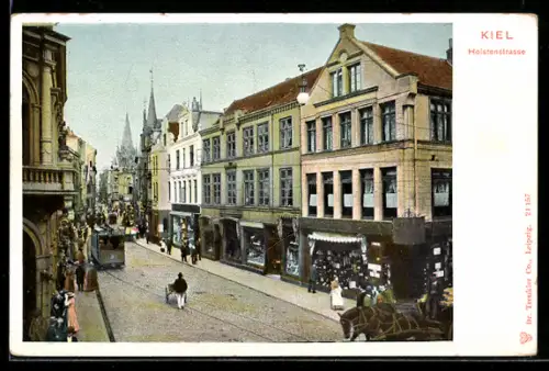 AK Kiel, Holstenstrasse, Strassenbahn, Geschäfte, Passanten