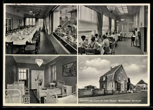 AK Borkum, Privatkinderheim Dr. med. Bensch, Speisesaal, Schlafsaal, Gebäudeansicht
