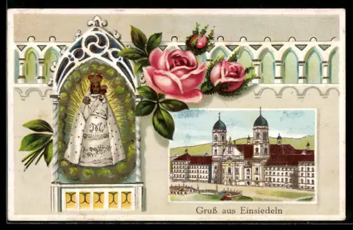 Präge-Lithographie Einsiedeln, Kloster und Madonna