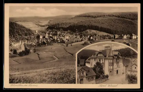 AK Schmitten i. T., Hotel und Restaurant Wenzel, Totalansicht mit Kirche, Häuser und Wald