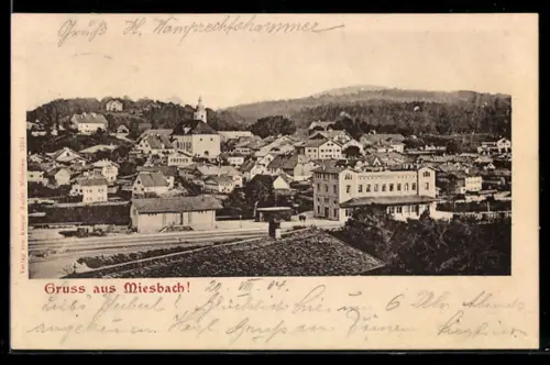 AK Miesbach, Teilansicht aus der Luft mit Bahnhof