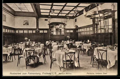 AK Freiburg i. B., Restaurant zum Fahnenberg, Norbert Müller, Parterre, hinterer Saal