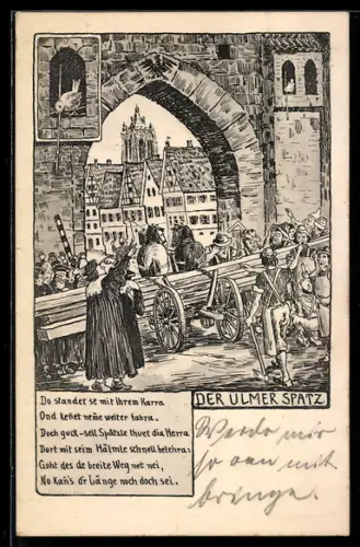 AK Ulm / Donau, D`r Ulmer Spatz, Stadttor, Spatzenlegende