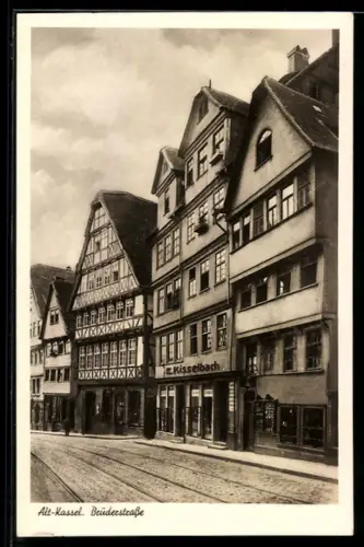 AK Kassel, Breite Strasse, Fachwerkhäuser, Geschäft E. Kisselbach