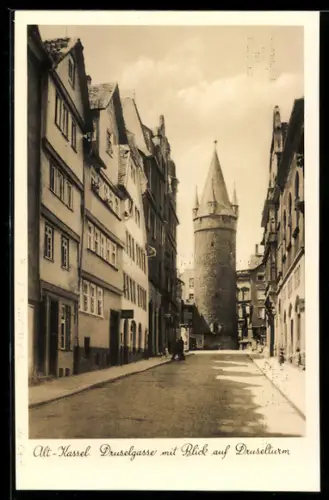 AK Kassel, Druselgasse mit Blick auf Druselturm