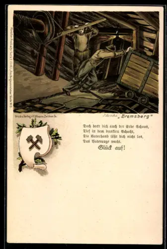 Lithographie Bergarbeiter schieben Lore den Bremsberg hinab