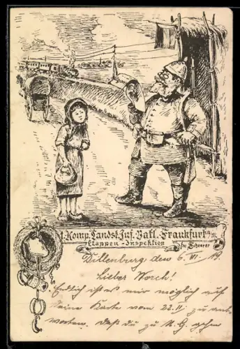 AK Frankfurt a. M., 1. Komp. Landsk. Inf. Batl., Etappen-Inspektion, Soldat vor einem Mädchen