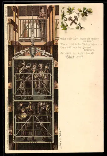 AK Arbeiter im Bergbau in einem Fahrstuhl