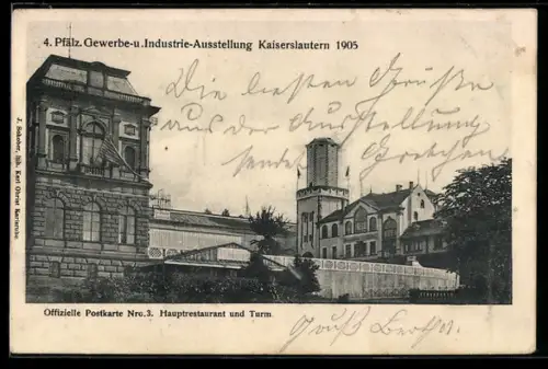 AK Kaiserslautern, Pfälz. Gewerbe- u. Industrie-Ausstellung 1905, Ausstellungsgelände mit Turm, Panorama