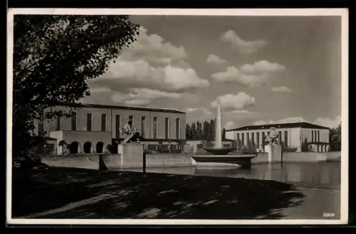 AK Kaiserslautern, Ausstellungsgelände, Panorama, Fontäne, Skulpturen