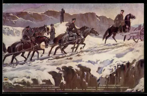 AK Russischen Soldaten der Artillerie auf ihren Pferden in den Karpathen