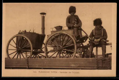 AK Militär Russland, Verladen der Truppen, Sooldaten mit Feldküche auf einem Eisenbahnwaggon