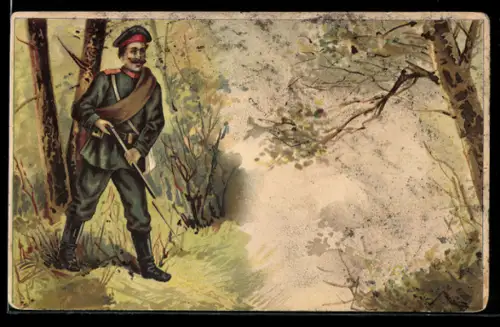 Lithographie Russischer Infanterist mit Gewehr auf einer Waldlichtung