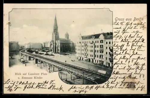 AK Berlin-Kreuzberg, Blick auf Lausitzer Platz und Emmaus Kirche