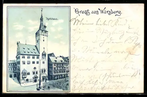 Lithographie Würzburg, Rathaus mit Strassenpartie