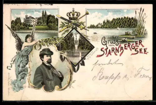 Lithographie Starnberger See mit Unglückstätte, Denkmal König Ludwig II. und dessen Schloss Berg