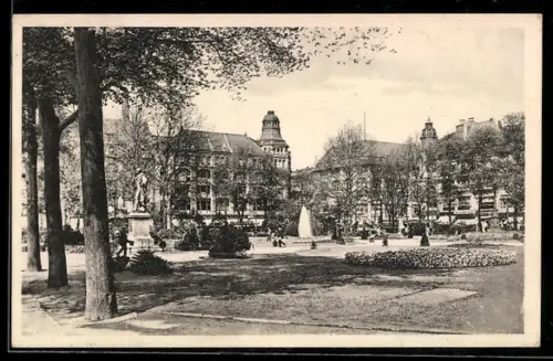 AK Steglitz, Dönhoffplatz, Brunnen, Statue, historische Gebäude