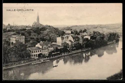 AK Halle-Cröllwitz, Blick auf Saaleufer und Kirche