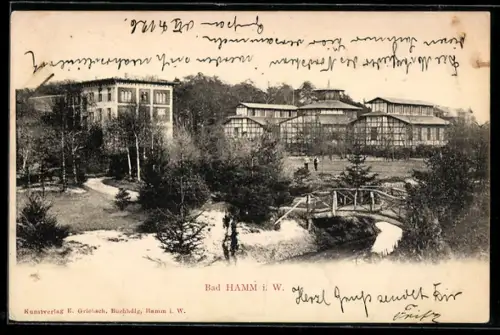 AK Bad Hamm i. W., Kurhaus, Park, Brücke