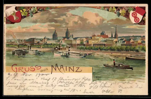 Lithographie Mainz, Ortsansicht mit Dom, Dampfer und Rheinpartie