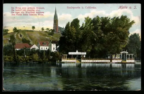 AK Halle a. S., Saalepartie bei Cröllwitz, Krug zum grünen Kranze, Kirche