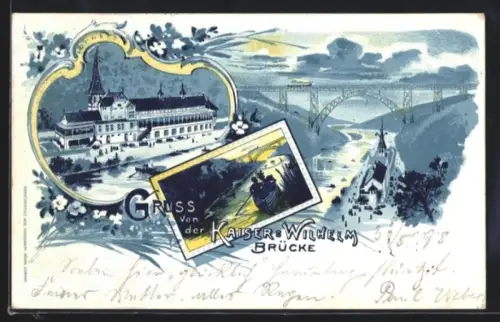 Lithographie Müngsten a. d. Wupper, Gasthaus und Kaiser-Wilhelm-Brücke