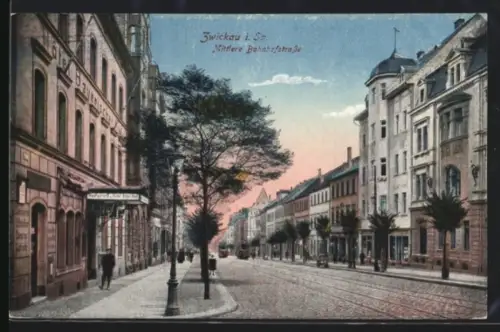 AK Zwickau i. Sa., Mittlere Bahnhofstrasse mit Strassenbahnen