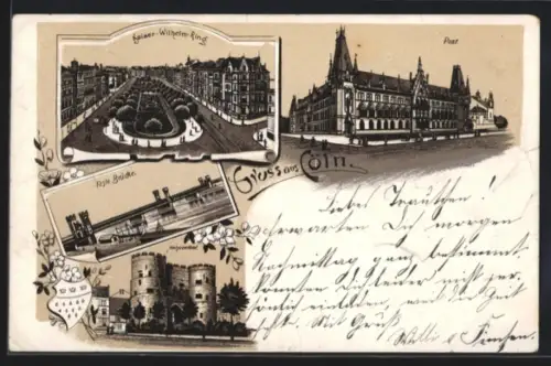 Lithographie Köln-Neustadt, Post, Kaiser-Wilhelm-Ring, Feste Brücke & Hahnenthor