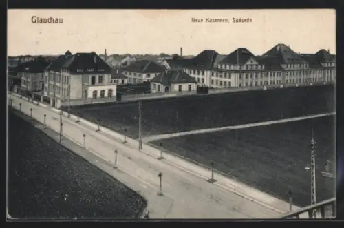 AK Glauchau, Nordseite der Neuen Kasernen aus der Vogelschau