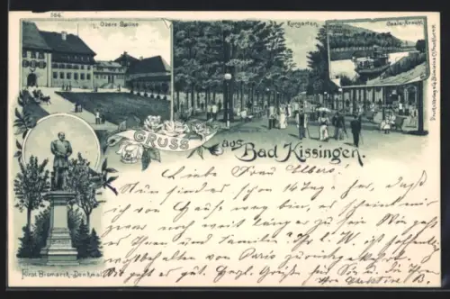 Lithographie Bad Kissingen, Obere Saline, Fürst Bismarck-Denkmal, Kurgarten