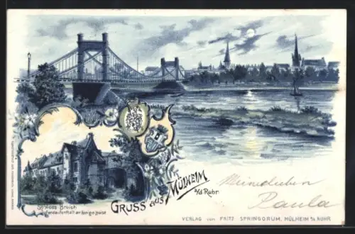 Lithographie Mülheim a. d. Ruhr, Schloss Broich, Brücke, Stadtansicht