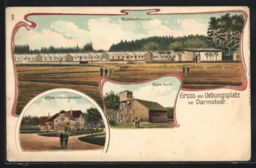 Lithographie Darmstadt, Uebungsplatz, Offizier-Frühstückslokal, Göpel Nord, Wellblechhausen