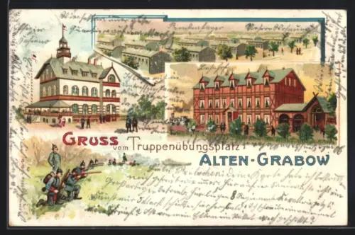 Lithographie Alten-Grabow, Berg-Hotel, Gasthaus Truppenübungsplatz