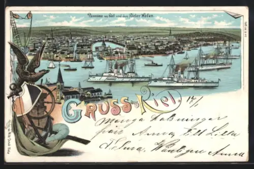 Lithographie Kiel, Panorama mit Kieler Hafen, Stadtwappen