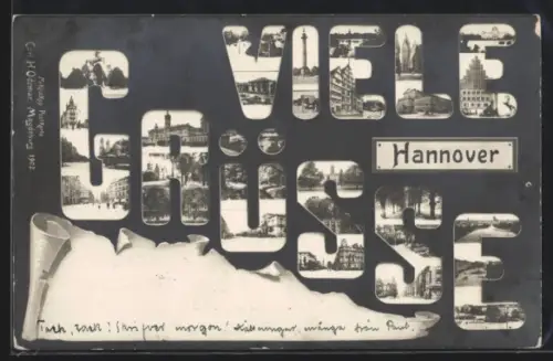 Grusskarten-AK Hannover, Schriftzug Viele Grüsse mit Kirche, Denkmal und Strassenpartie