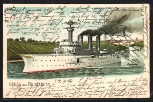 Lithographie Rendsburg, S. M. S. Freya auf voller fahrt am Kaiser Wilhelm-Kanal